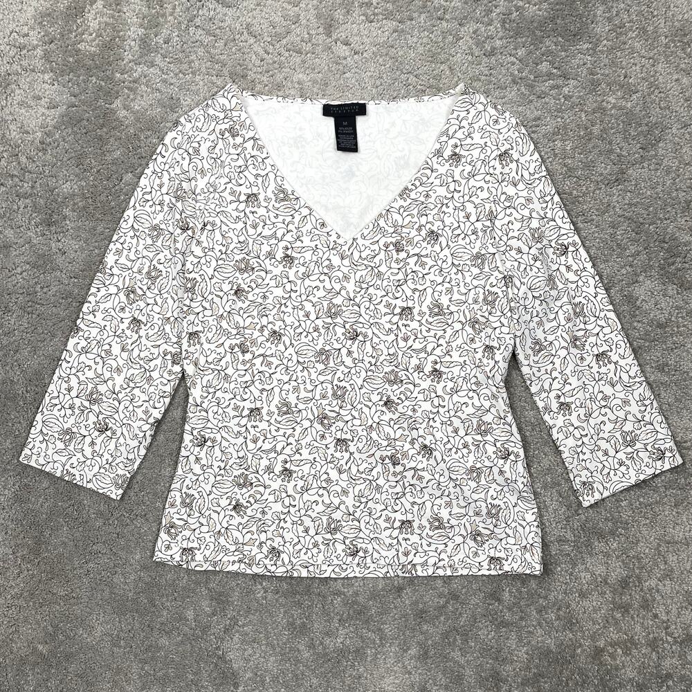 y2k The Limited Paisley Floral Top Sz M White Blouse 3/4 Sleeve Stretch V-Neck